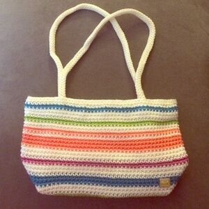The Sak purse cream with multicolor stripes rainbow stripes mini bag knit fabric